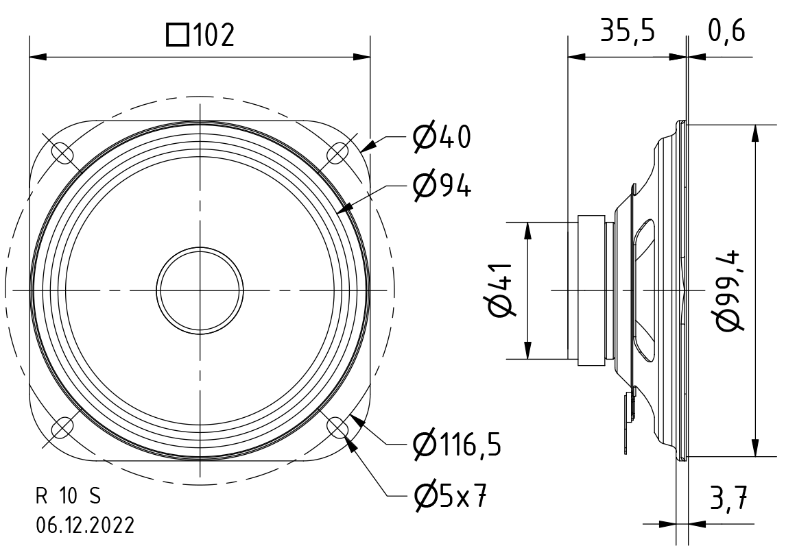 R 10 S · 8 Ω · part 2037 — Dimension drawing