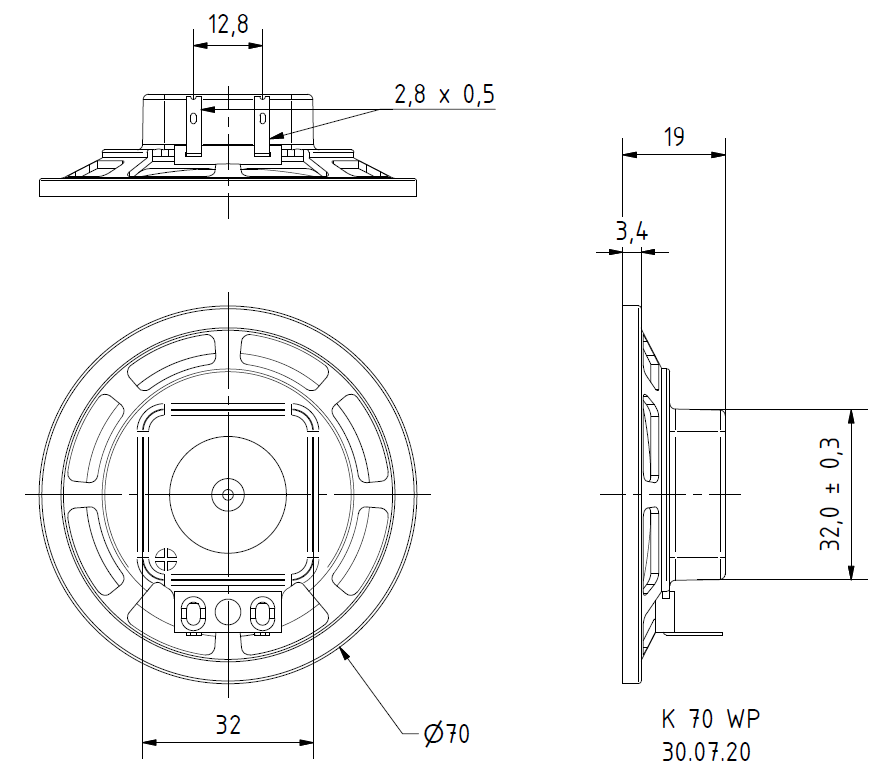 K 70 WP · 8 Ω · part 2870 — Dimension drawing