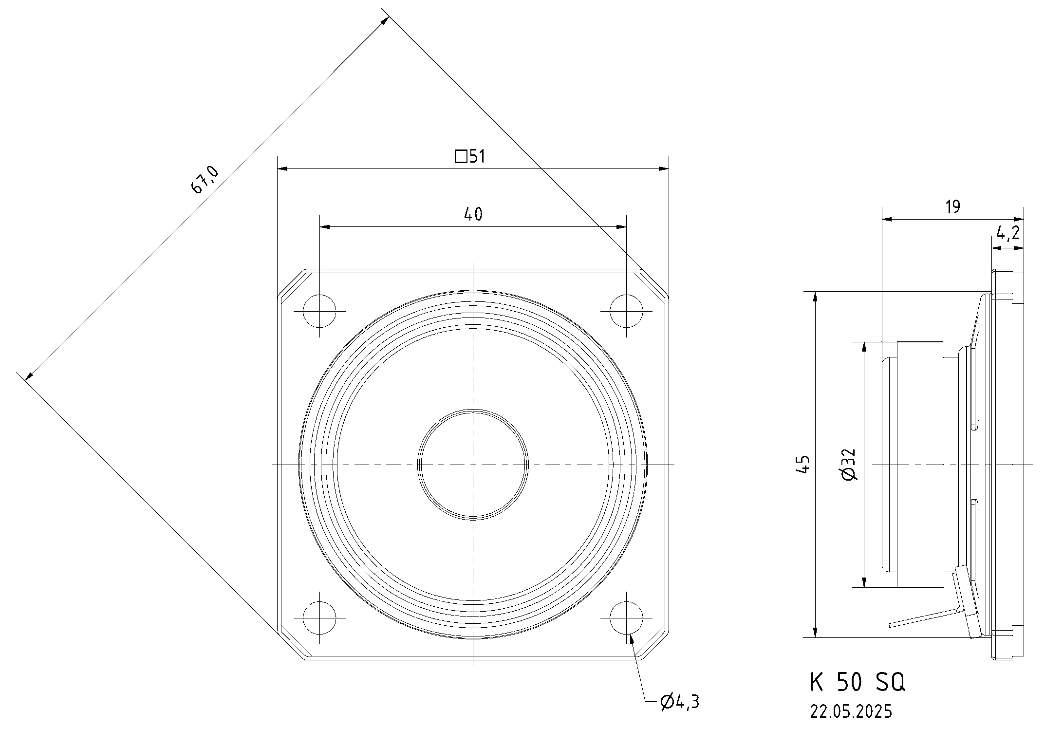 K 50 SQ · 8 Ω · part 2897 — Dimension drawing