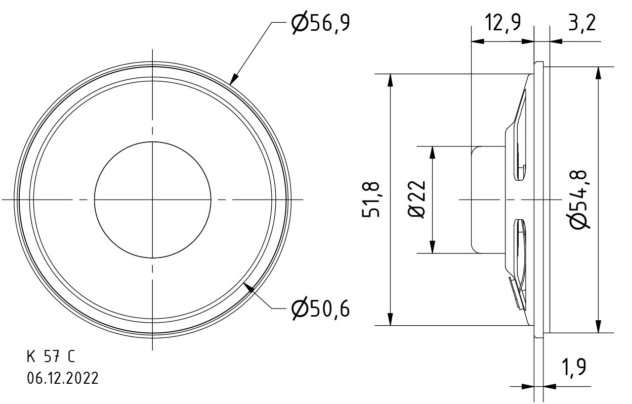 K 57 C · 8 Ω · part 2907 — Dimension drawing