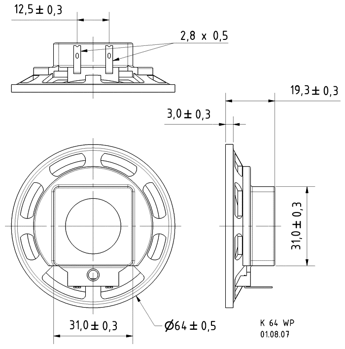 K 64 WP · 8 Ω · part 2918 — Dimension drawing