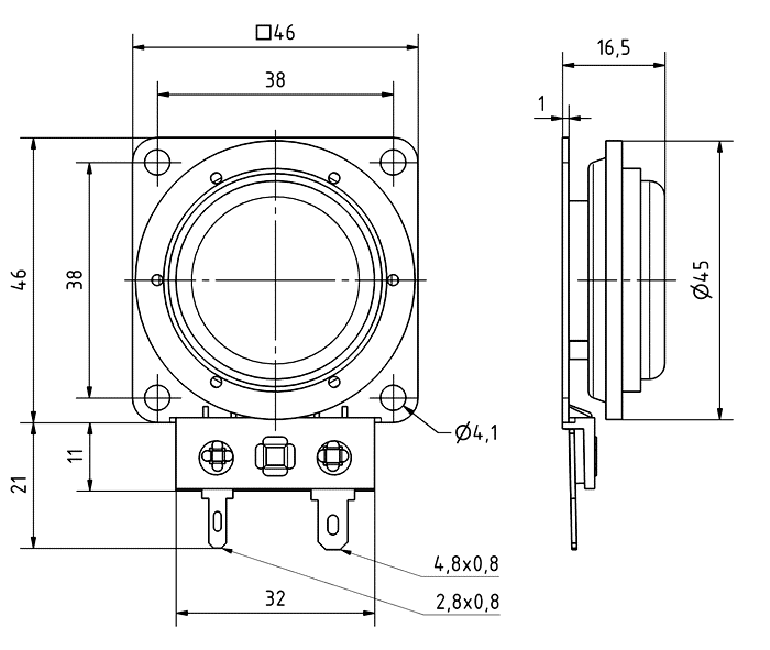 EX 45 S · 4 Ω · part 4503 — Dimension drawing