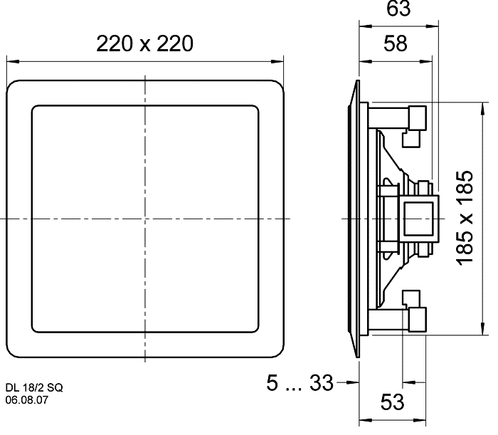 DL 18/2 SQ · 100 V / 8 Ω · part 50154 — Dimension drawing