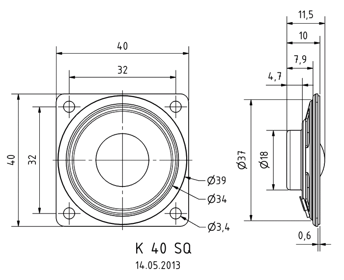 Visaton K 40 SQ - 8 Ω — Dimension drawing