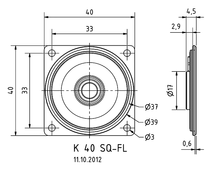 Visaton K 40 SQ-FL - 8 Ω — Dimension drawing
