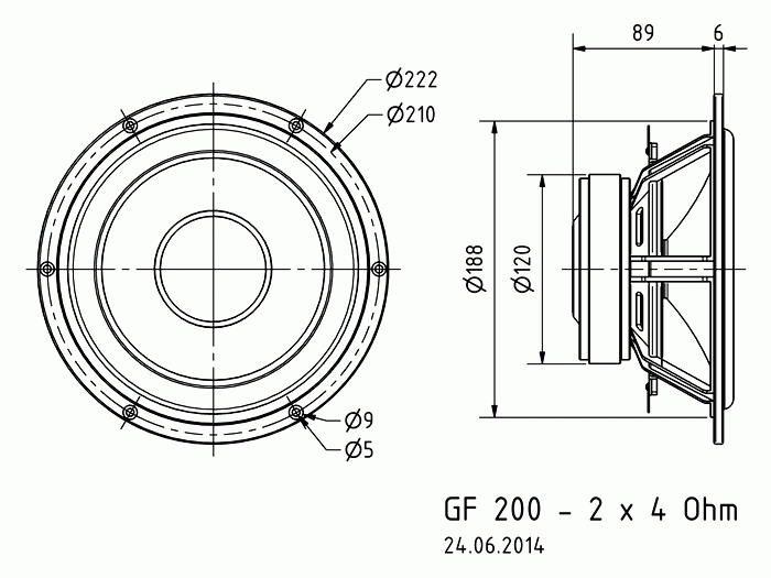 GF 200 · 2 x 4 Ω · part 1330 — Dimension drawing