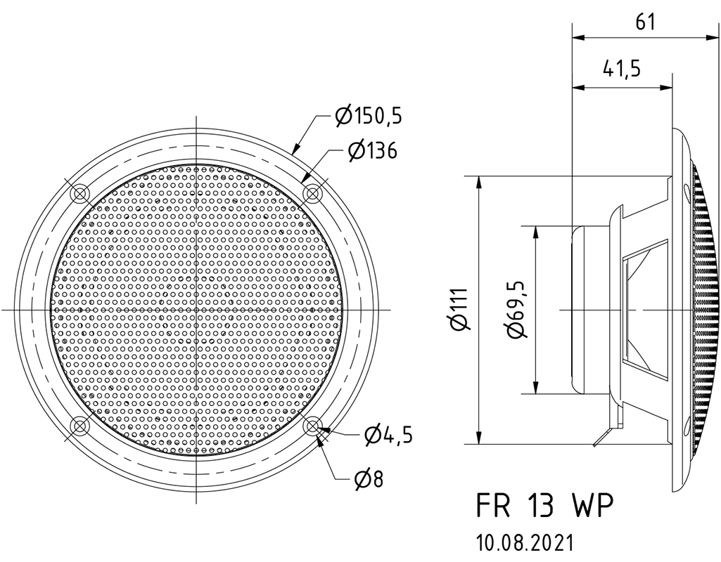 FR 13 WP · 4 Ω · white · part 2113 — Dimension drawing