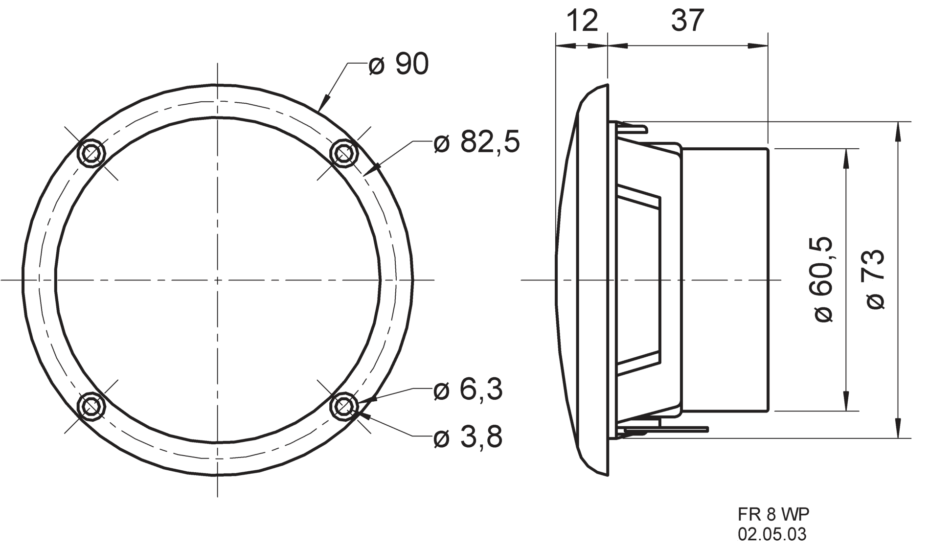 FR 8 WP · 4 Ω · white · part 2128 — Dimension drawing (from the manufacturer datasheet)
