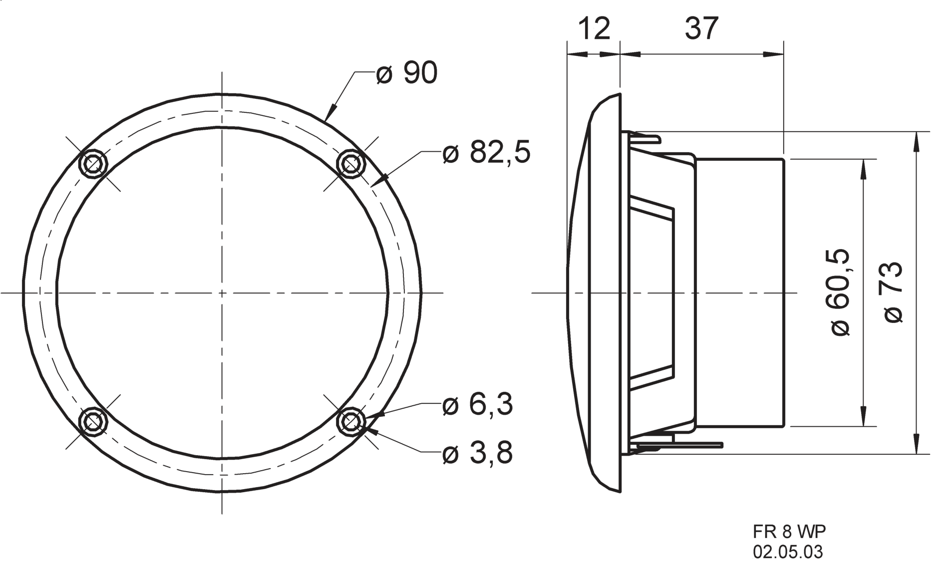 FR 8 WP · 4 Ω · black · part 2148 — Dimension drawing (from the manufacturer datasheet)