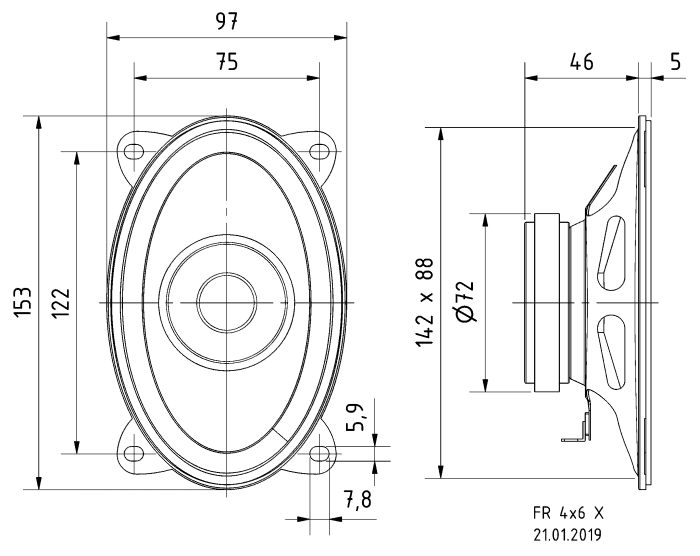 FR 4x6 X · 4 Ω · part 2254 — Dimension drawing