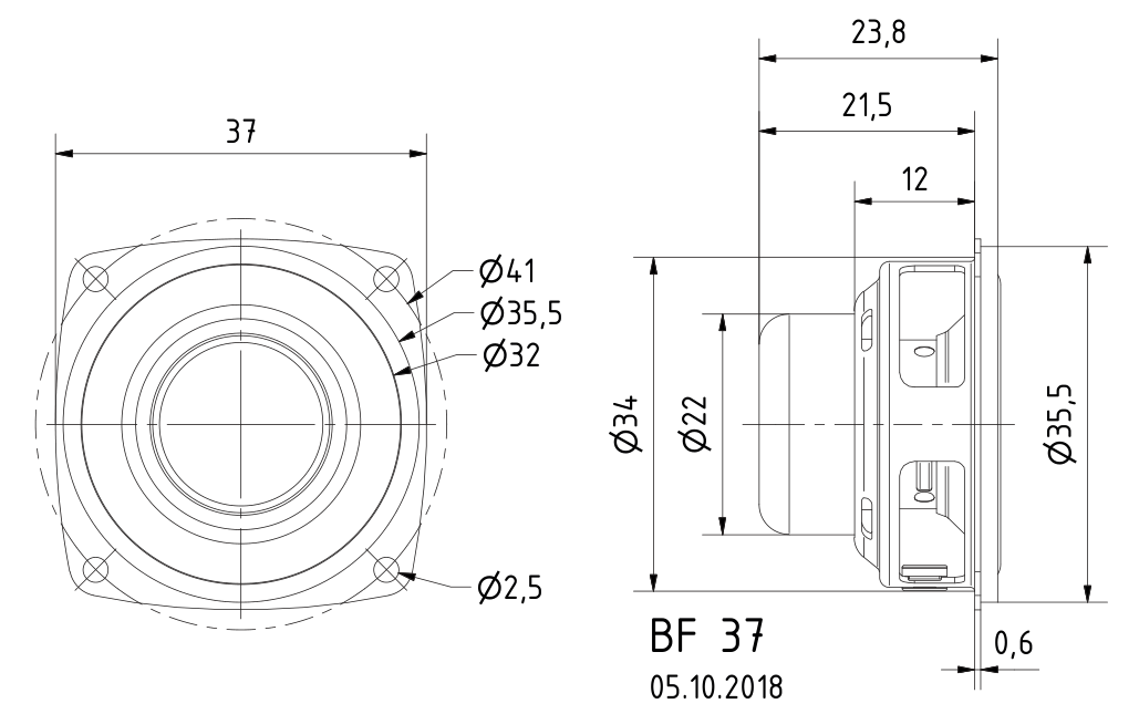 BF 37 · 8 Ω · part 2261 — Dimension drawing