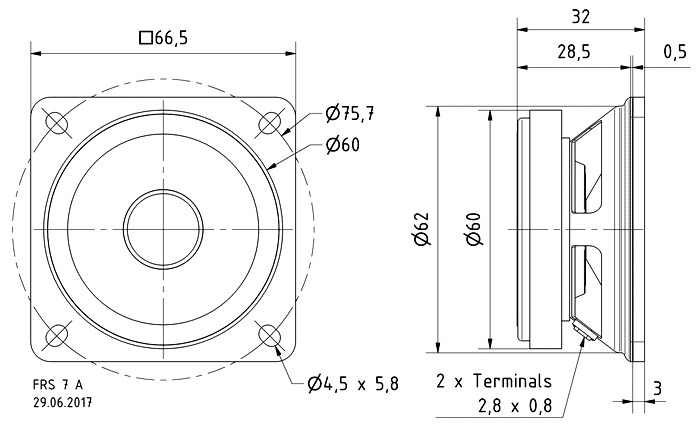 FRS 7 A · 8 Ω · part 2412 — Dimension drawing