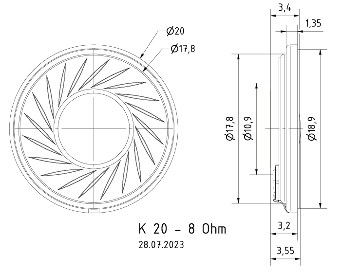 K 20 · 8 Ω · part 2802 — Dimension drawing