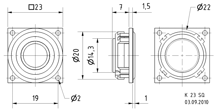 K 23 SQ · 8 Ω · part 2826 — Dimension drawing