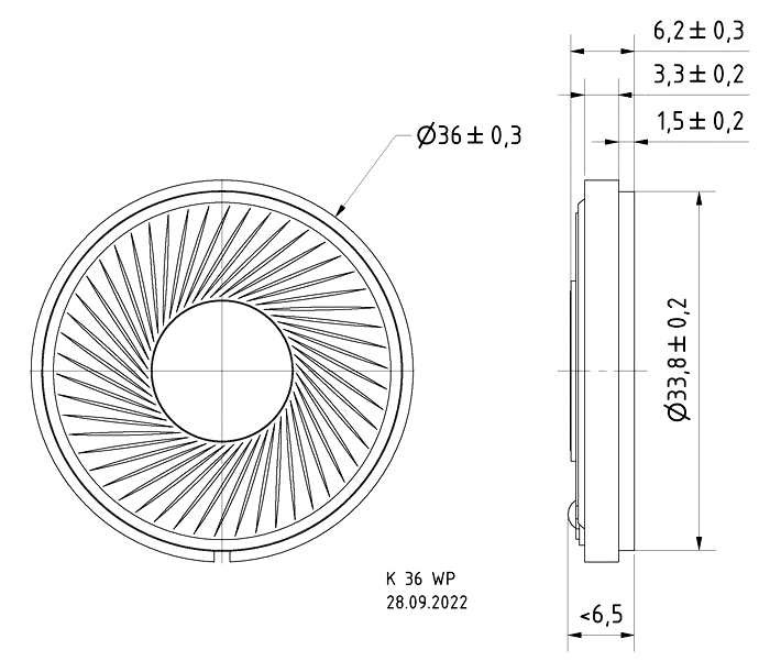 K 36 WP · 50 Ω · part 2913 — Dimension drawing