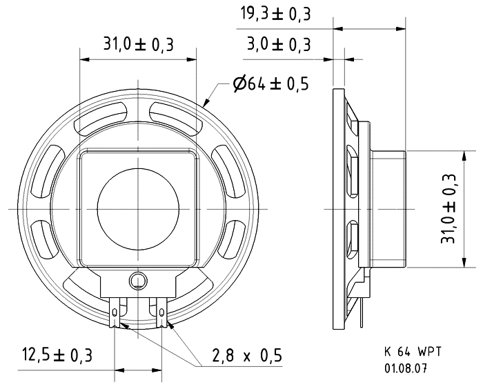 K 64 WPT · 8 Ω · part 2921 — Dimension drawing