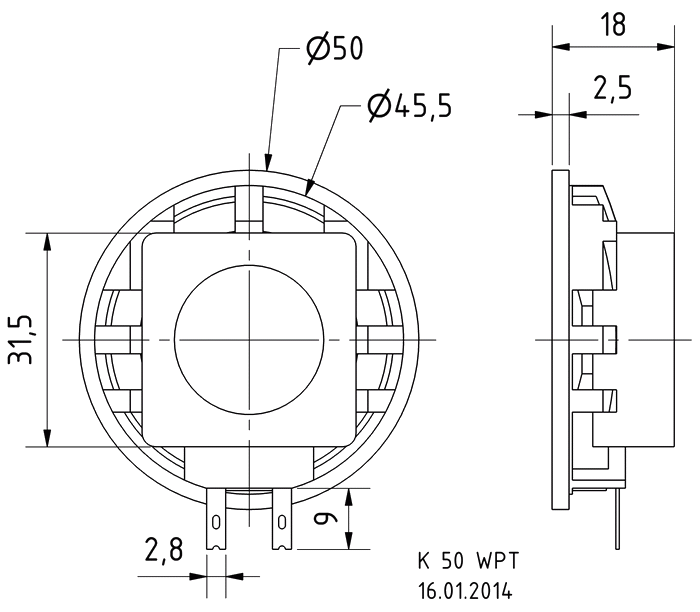 K 50 WPT · 8 Ω · part 2930 — Dimension drawing