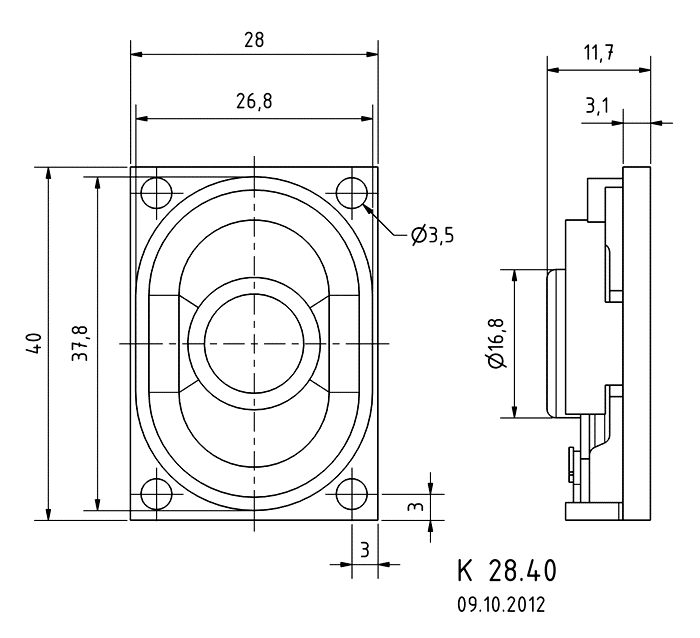 K 28.40 · 8 Ω · part 2945 — Dimension drawing