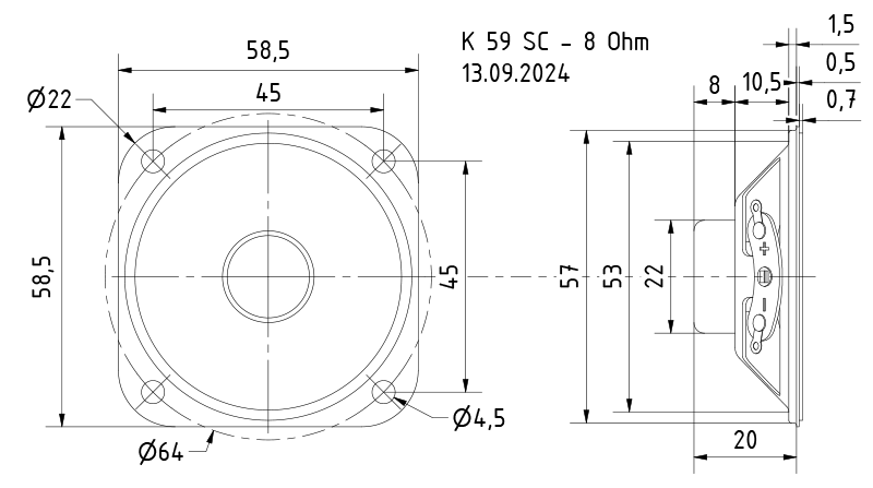 K 59 SC · 8 Ω · part 2959 — Dimension drawing