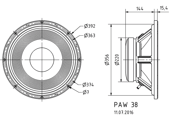 PAW 38 · 8 Ω · part 3054 — Dimension drawing