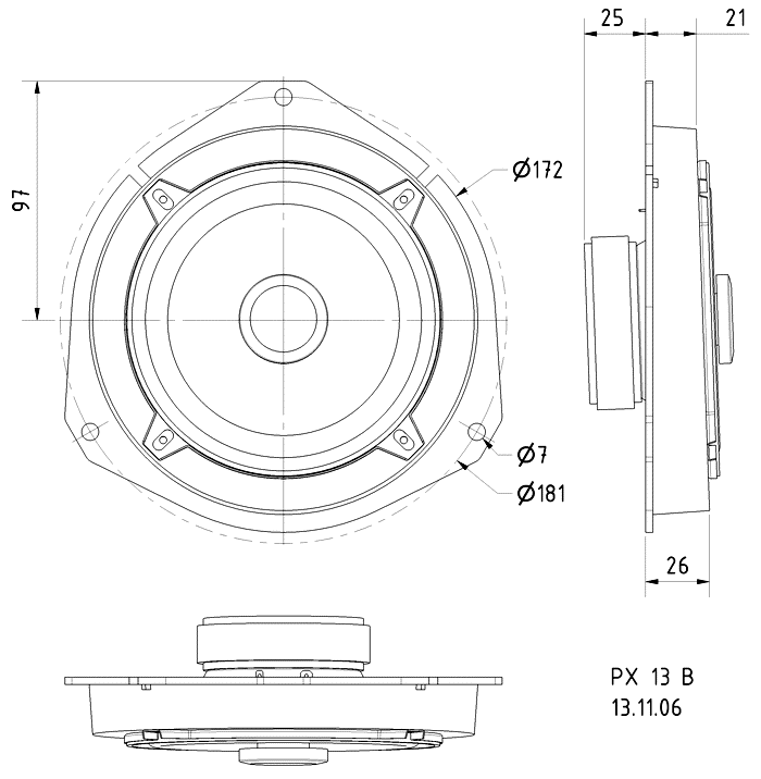 PX 13 B · 4 Ω · part 4605 — Dimension drawing