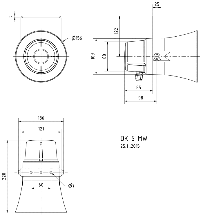 DK 6 MW · 100 V / 70 V / 8 Ω · part 50250 — Dimension drawing