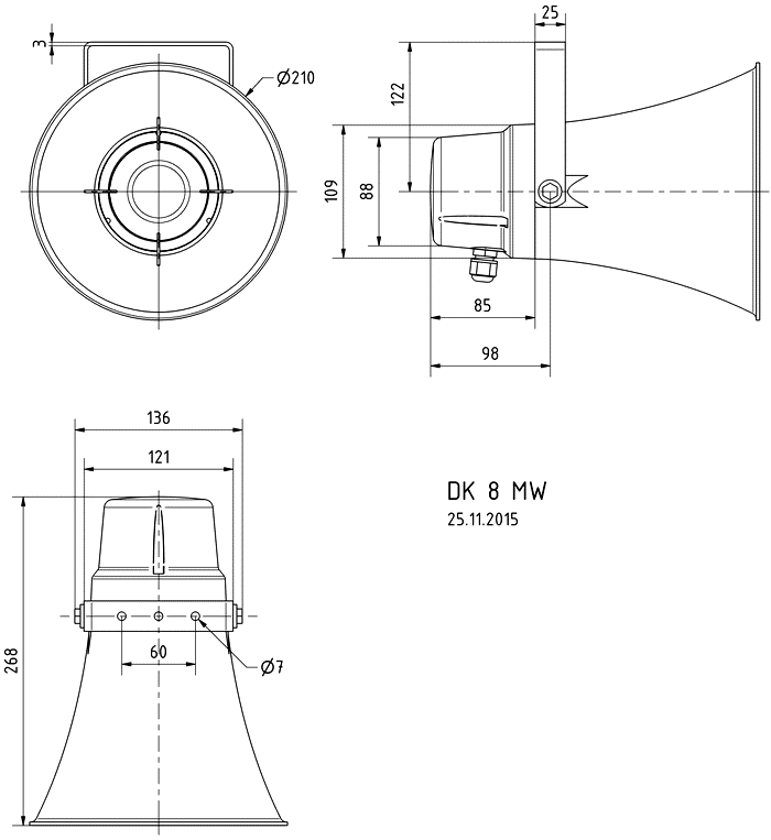 DK 8 MW · 100 V / 70 V / 8 Ω · part 50252 — Dimension drawing