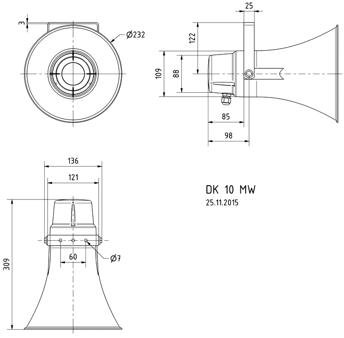 DK 10 MW · 100 V / 70 V / 8 Ω · part 50254 — Dimension drawing