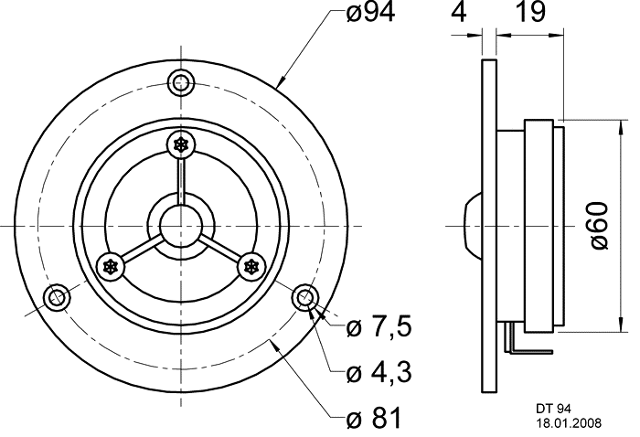 DT 94 · 8 Ω · part 9004 — Dimension drawing