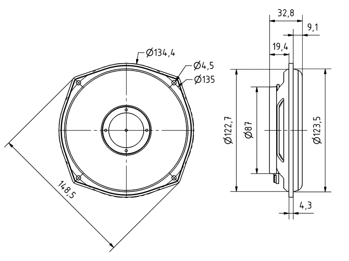 WF 130 ND · 8 Ω · part 9051 — Dimension drawing